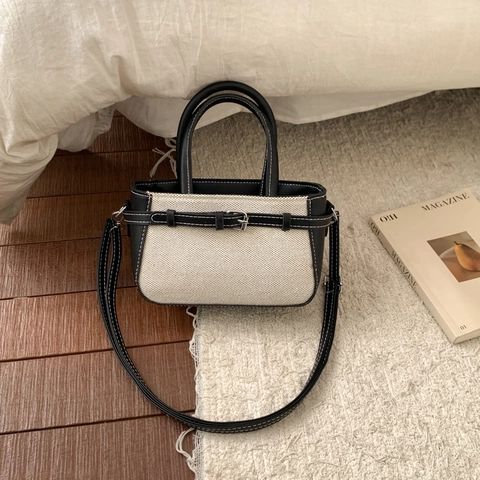 Bolso De Hombro Patchwork Retro Cuero PU Lona Color Contraste Bolso Cruzado Cuadrado Pequeño Mano Mujeres