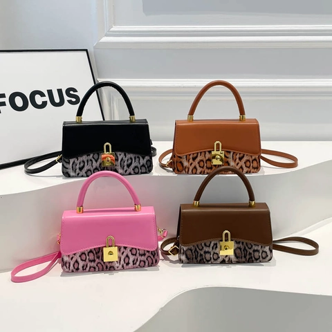 Borsa a Spalla da Donna in Pelle PU con Patchwork Leopardato Vintage Piccola Borsa a Tracolla Quadrata Baguette con Serratura