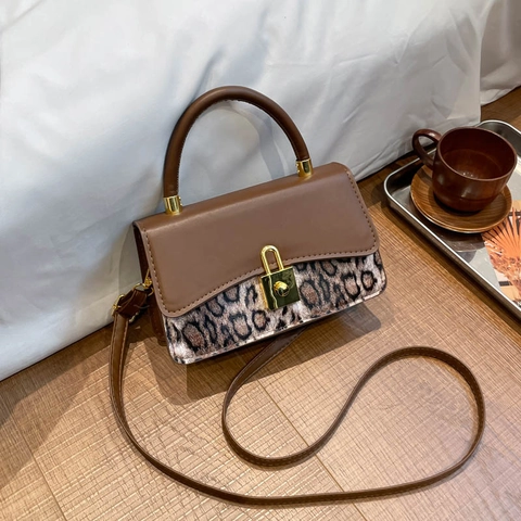 Borsa A Spalla Donna Pelle PU Patchwork Leopardato Piccola Borsa Quadrata Retro Borsa A Tracolla Chiusura In Metallo
