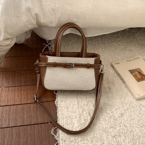 Borsa a Mano Retrò da Donna in Tela e PU a Contrasto Orecchini Borsa a Tracolla Piccola Quadrata Con Cinturino Regolabile