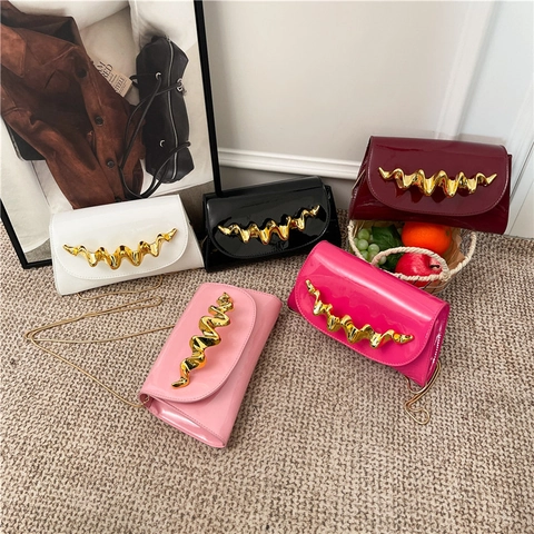 Fashion Women Patent Leather Shoulder Bag Gold Wave Metal Handle Evening Clutch Crossbody Purse With Snake Bone Chain