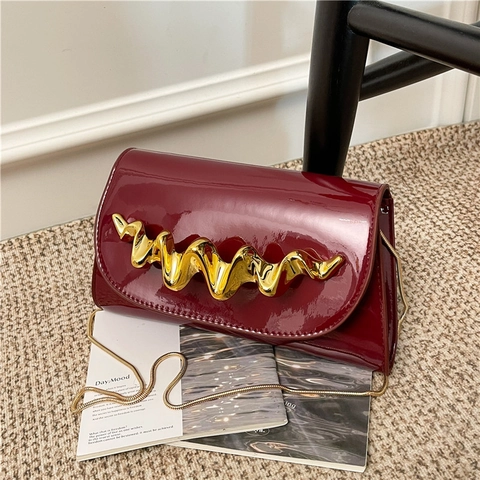 Fashion Women Patent Leather Shoulder Bag Gold Wave Metal Handle Evening Clutch Crossbody Purse With Snake Bone Chain