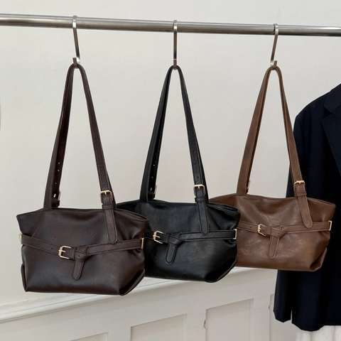 Vintage Minimalist PU Leather Tote Bag For Women Retro Solid Color Large Capacity Shoulder Bag With Belt Buckle Decor Commuter Handbag