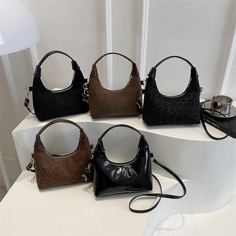 Vintage Luipaard Hobo Tas Dames Suede Mat Lakleer Schoudertas Crossbodytas Verstelbare Riem Minimalistisch