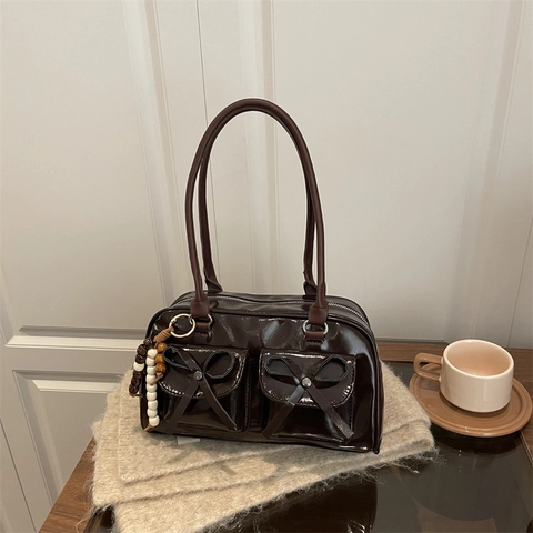 Bolso De Hombro Para Mujer Cuero PU Brillante Lazo Bolso De Mano Axilar Gran Capacidad Conmutación Retro Boston Bag Amuleto