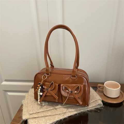 Women Shoulder Underarm Bag PU Leather Multi Pockets Bowknot Decor With Wooden Bead Pendant Retro Korean Style