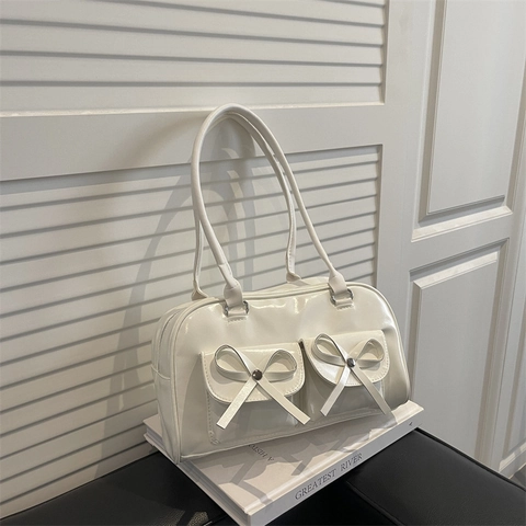 Sac Sous Le Bras En Cuir PU Brillant Pour Femmes Vintage Chic Décor De Nœud Papillon Double Poches Design De Niche Sac À Main