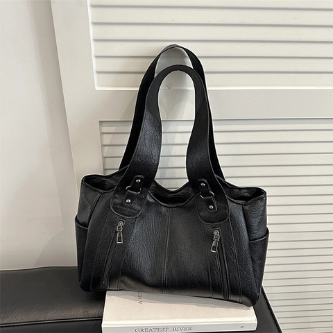 Borsa A Spalla Vintage Da Donna In Pelle PU Grande Capacità Borsa Da Pendolare Con Tasche Con Cerniera E Borchie Decor