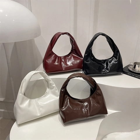 Women Glossy PU Leather Hobo Shoulder Bag Large Capacity Retro Underarm Tote Bag Solid Color Commuter Fashion Handbag