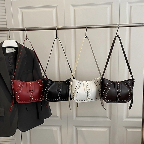 Women Shoulder Bag PU Leather Rivet Studded Punk Retro Motorcycle Underarm Bag With Adjustable Strap Fashion Solid Color