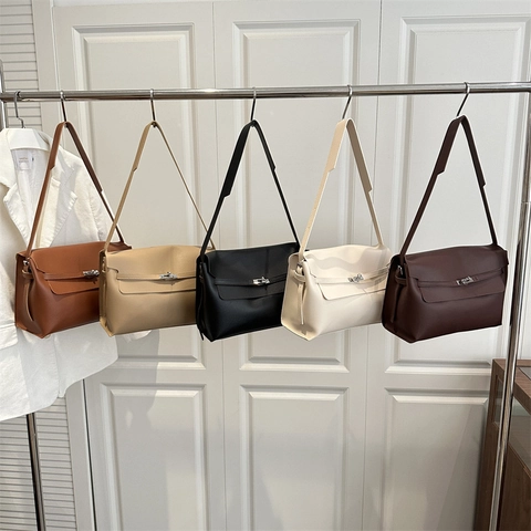Women Shoulder Bag PU Leather High Capacity Large Retro Flap Metal Rotary Lock Crossbody Office Commuter Handbag