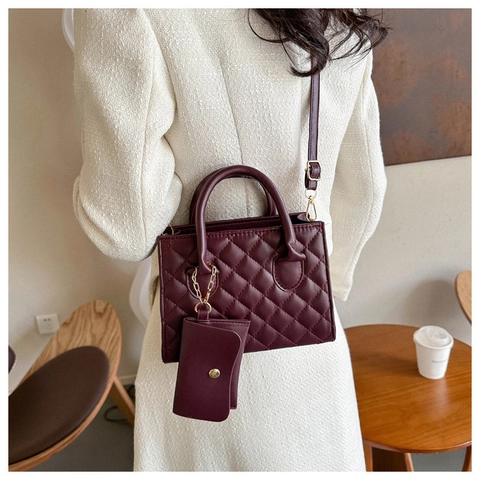 Mode Damen Gesteppte PU Leder Umhängetasche Set Elegante Gitter Quadratische Handtasche Mit Mini Beutel Crossbody Bag