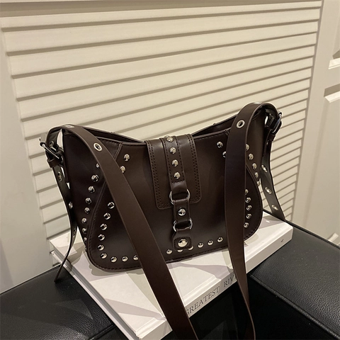 Women Shoulder Bag PU Leather Rivet Studded Punk Retro Motorcycle Underarm Bag With Adjustable Strap Fashion Solid Color