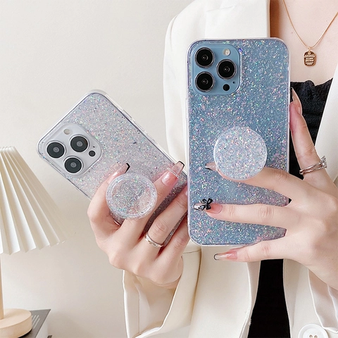 Glitter Phone Case And Round Pop Socket Stand Sparkling Luxury Transparent Sequins Protective Cover Fashionable Accessory