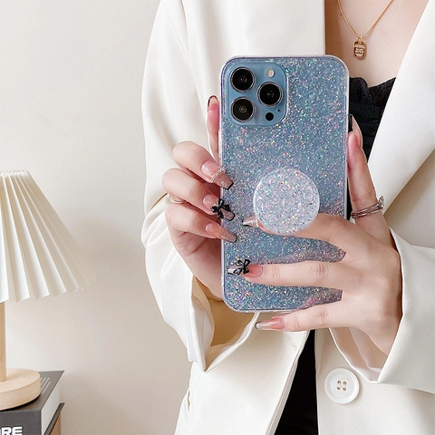 Glitter Phone Case And Round Pop Socket Stand Sparkling Luxury Transparent Sequins Protective Cover Fashionable Accessory