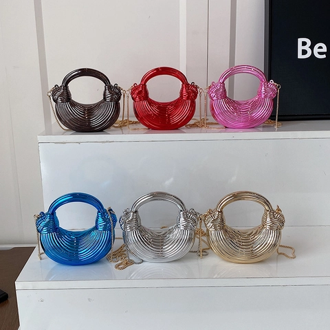 Acrylic Evening Bag Women Metallic Texture Half Moon Clutch With Chain Strap Spiral Pattern Round Handle Party Handbag