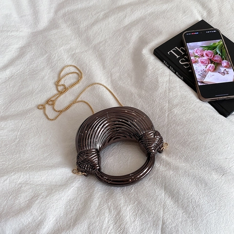Acrylic Evening Bag Women Metallic Texture Half Moon Clutch With Chain Strap Spiral Pattern Round Handle Party Handbag