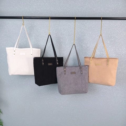 Corduroy Tote Bag Large Capacity Minimalist Casual Shoulder Handbag For Women Solid Color Zipper Closure Fashionable Commuter Bag