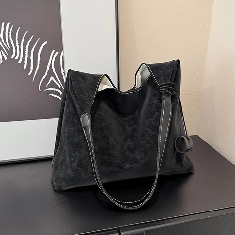 Damen Vintage Große Kapazität PU Leder Tote Bag Minimalistisch Ziernähte Achsel Schultertasche Fashion Pendeln Handtasche