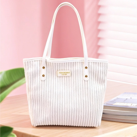 Corduroy Tote Bag Large Capacity Minimalist Casual Shoulder Handbag For Women Solid Color Zipper Closure Fashionable Commuter Bag