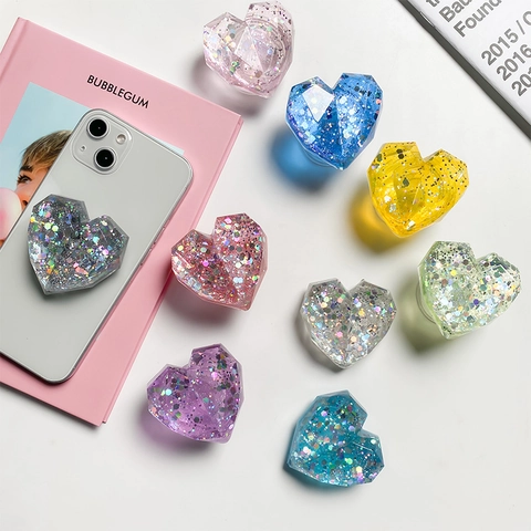 3D Heart Phone Grip Retractable Airbag Stand Multi-faceted Diamond Cut Glitter Sequins Transparent Resin Adhesive Universal