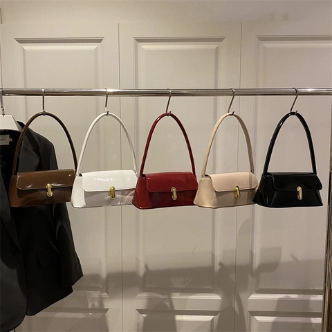 Patent Leather Underarm Bag Women PU Baguette Shoulder Bag With Metal Lock Solid Color Retro High Gloss
