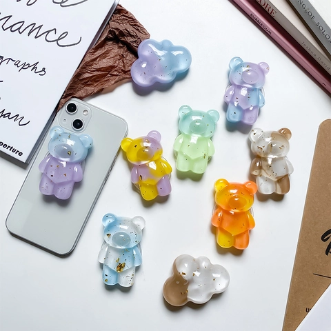 Cute Bear Cloud Mobile Phone Grip Griptok Resin Gold Foil Sequin Gradient Expandable Desktop Stand Finger Ring Holder
