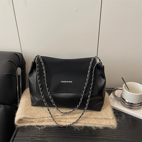 Bolso De Hombro Vintage De Cuero PU Para Mujer Gran Capacidad Minimalista Correa De Cadena Solapa Bolso De Mano Diario Casual Tote