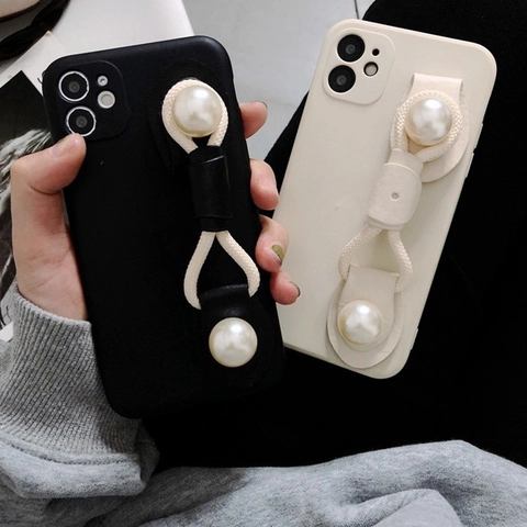 Artificial Pearl Wristband Smartphone Case Matte TPU Full Protection Elegant Solid Color Shockproof Protective Cover