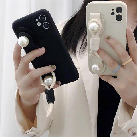 Artificial Pearl Wristband Smartphone Case Matte TPU Full Protection Elegant Solid Color Shockproof Protective Cover