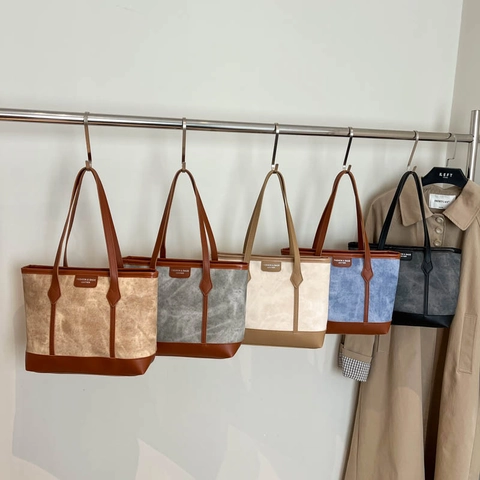 Bolso Tote Gran Capacidad Mujer Minimalista Lona Cuero PU Contraste Color Bolso Hombro Viajero Vintage Cierre Cremallera