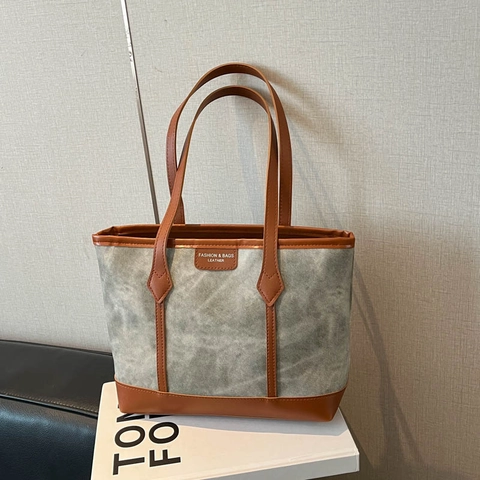 Bolso Tote Gran Capacidad Mujer Minimalista Lona Cuero PU Contraste Color Bolso Hombro Viajero Vintage Cierre Cremallera