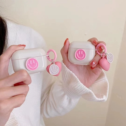 Custodia Protettiva Per Auricolari Senza Fili Con Faccina Felice Rosa In Silicone Morbido Con Ciondolo A Cuore