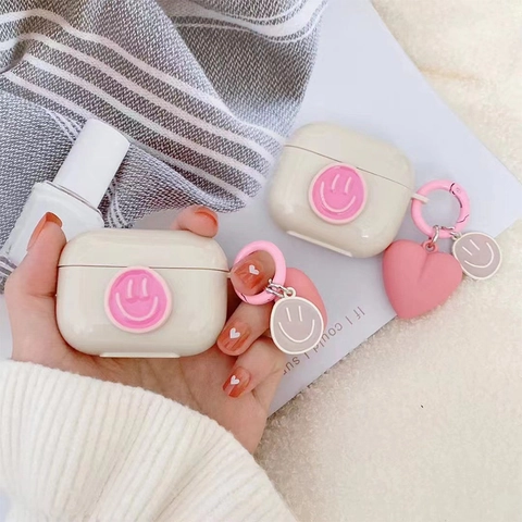 Custodia Protettiva Per Auricolari Senza Fili Con Faccina Felice Rosa In Silicone Morbido Con Ciondolo A Cuore