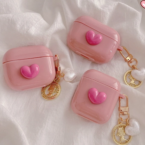 Pink Shiny Earphone Case With 3D Heart Gold Metal Keychain Coin Heart Pendant Ins Style Girly Protective Shell
