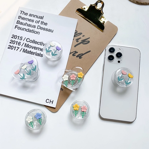 Phone Grip Griptok Transparent Acrylic Three Dimensional Resin Flower Tulip Camellia Heart Round Shape Cute Japanese Style