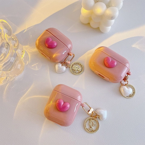 Pink Shiny Earphone Case With 3D Heart Gold Metal Keychain Coin Heart Pendant Ins Style Girly Protective Shell