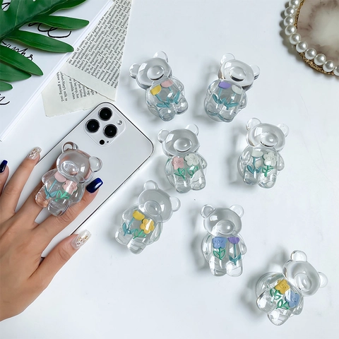 Transparent Bear Phone Grip Tok Expanding Stand Cute Resin Embedded Flower Pattern Universal Desktop Mobile Bracket