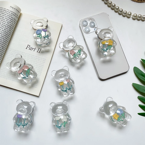 Transparent Bear Phone Grip Tok Expanding Stand Cute Resin Embedded Flower Pattern Universal Desktop Mobile Bracket