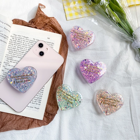 Herzform Handy Griff Halter Glitzer Flüssiger Sand Pailletten Goldener Schriftzug Erweiterbare Mobile Halterung Faltbar
