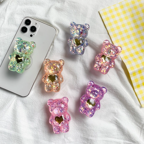 Support Griptok Pour Téléphone Ours En Résine 3D Avec Paillettes Et Cœur Doré Support Universel Dessin Animé Mignon