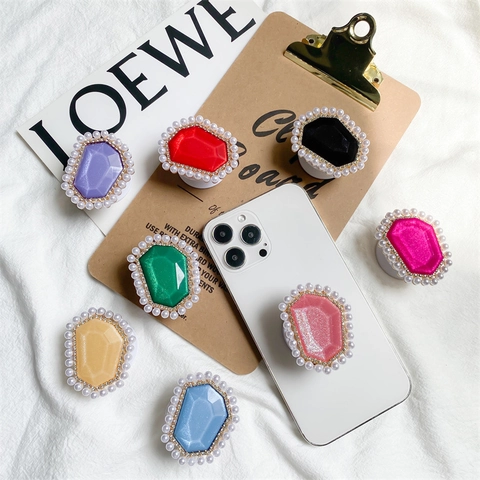 Supporto Cellulare Pieghevole Perla Artificial Strass Gemma Resina Elegante Stile Coréano Accessorio Mobile