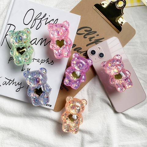 Support Griptok Pour Téléphone Ours En Résine 3D Avec Paillettes Et Cœur Doré Support Universel Dessin Animé Mignon