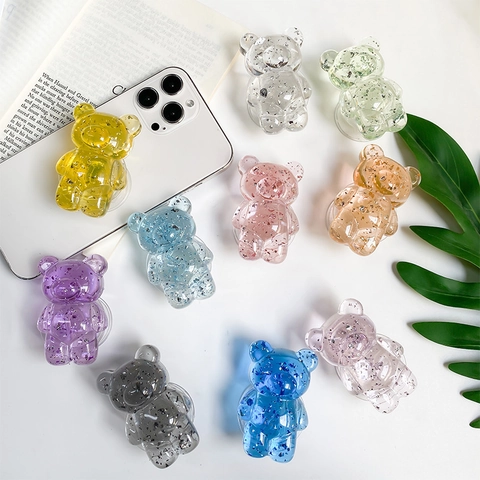 Supporto Per Cellulare A Forma Di Orso Presa Espandibile Resina Trasparente Con Foglia D'Argento Glitter Kawaii