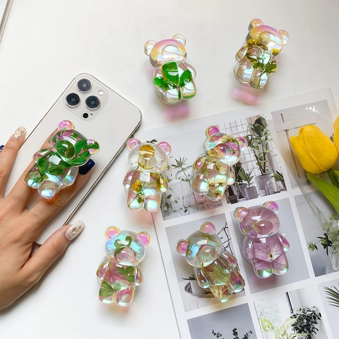 Support Griptok Pour Téléphone En Forme D'ours Mignon Résine Transparente Irisée Avec Fleurs Séchées Plantes Naturelles
