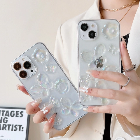 Funda De Teléfono Con Mariposa Y Flor Holográfica Estereoscópica TPU Transparente Laser Brillo Camelia Cubierta Decorativa