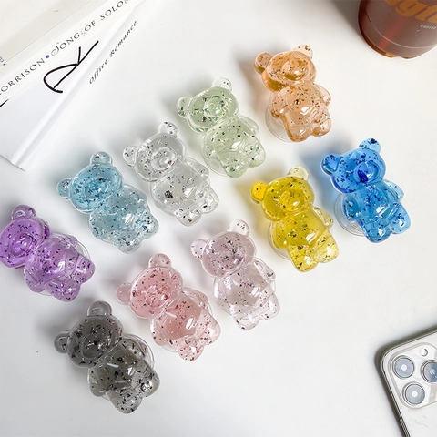 Supporto Per Cellulare A Forma Di Orso Presa Espandibile Resina Trasparente Con Foglia D'Argento Glitter Kawaii