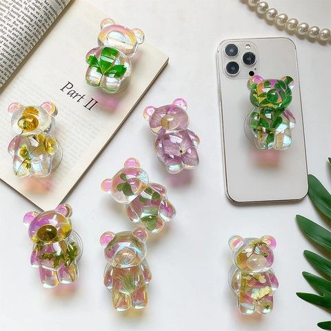 Support Griptok Pour Téléphone En Forme D'ours Mignon Résine Transparente Irisée Avec Fleurs Séchées Plantes Naturelles