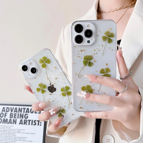 Transparent Phone Case With Real Dried Four-Leaf Clover And Gold Foil Protective TPU Cover Smartphone Natural Style
