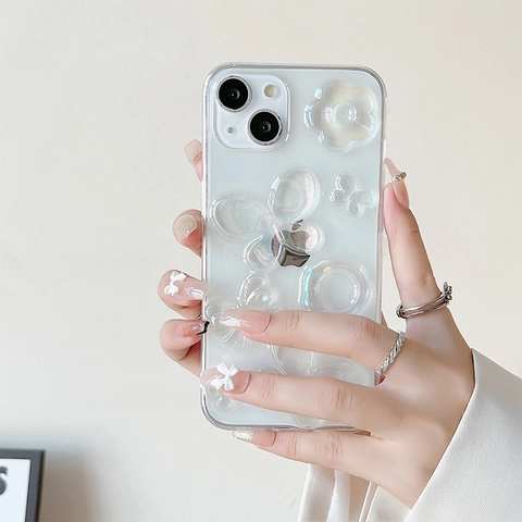 Funda De Teléfono Con Mariposa Y Flor Holográfica Estereoscópica TPU Transparente Laser Brillo Camelia Cubierta Decorativa